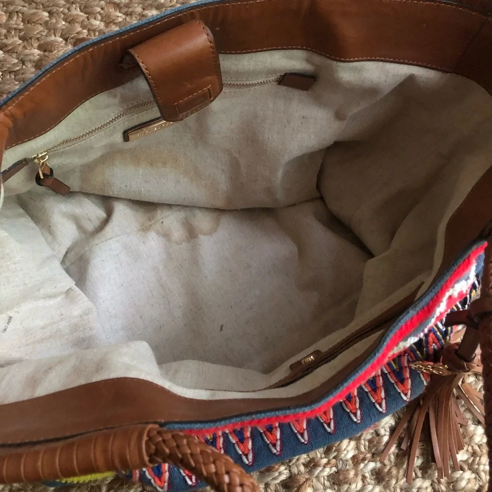 Tory Burch Taylor Aztec Linen Tote with Calf Leather.